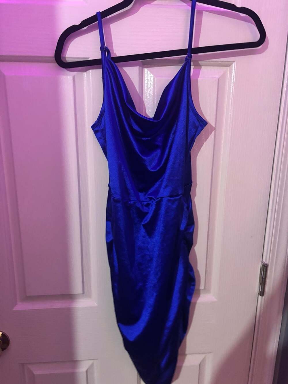 SHEIN SXY Draped Collar Ruched Satin Cami Dress Size S Royal Blue